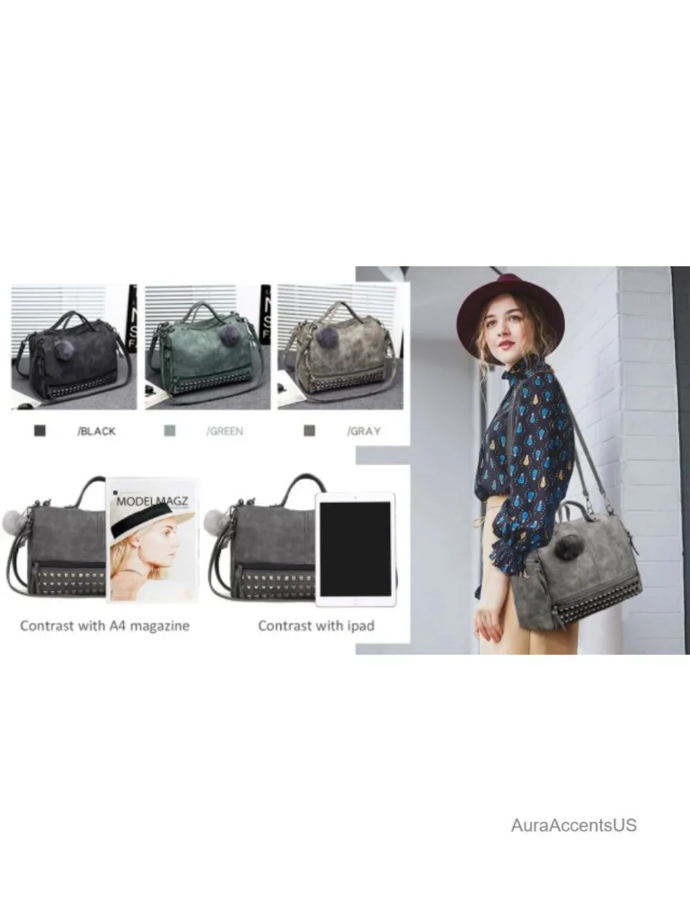 Studded Punk Faux Leather Hobo Tote Bag Women's 3-Way Top Handle Crossbody